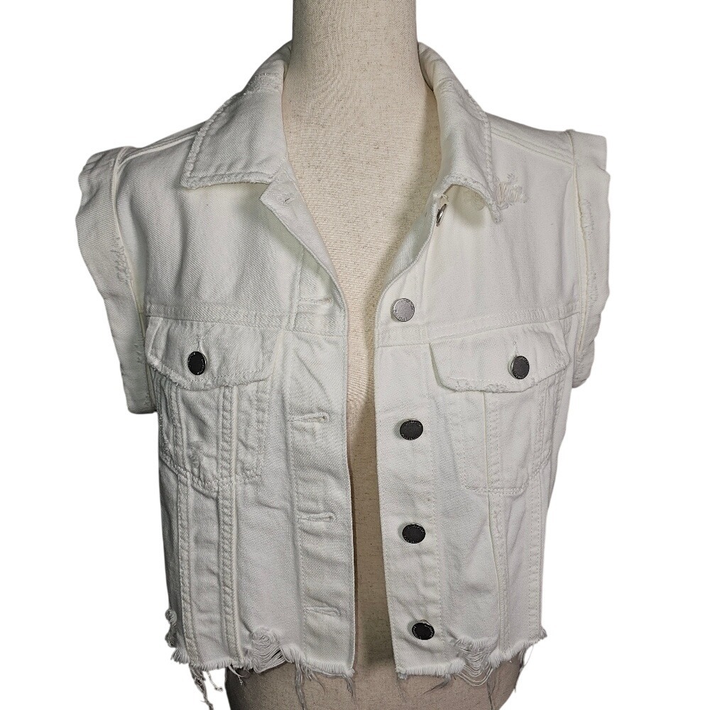 Liverpool White Denim Sleeveless Distressed, Ripped, Raw Hem Silver Hdwr, Vest